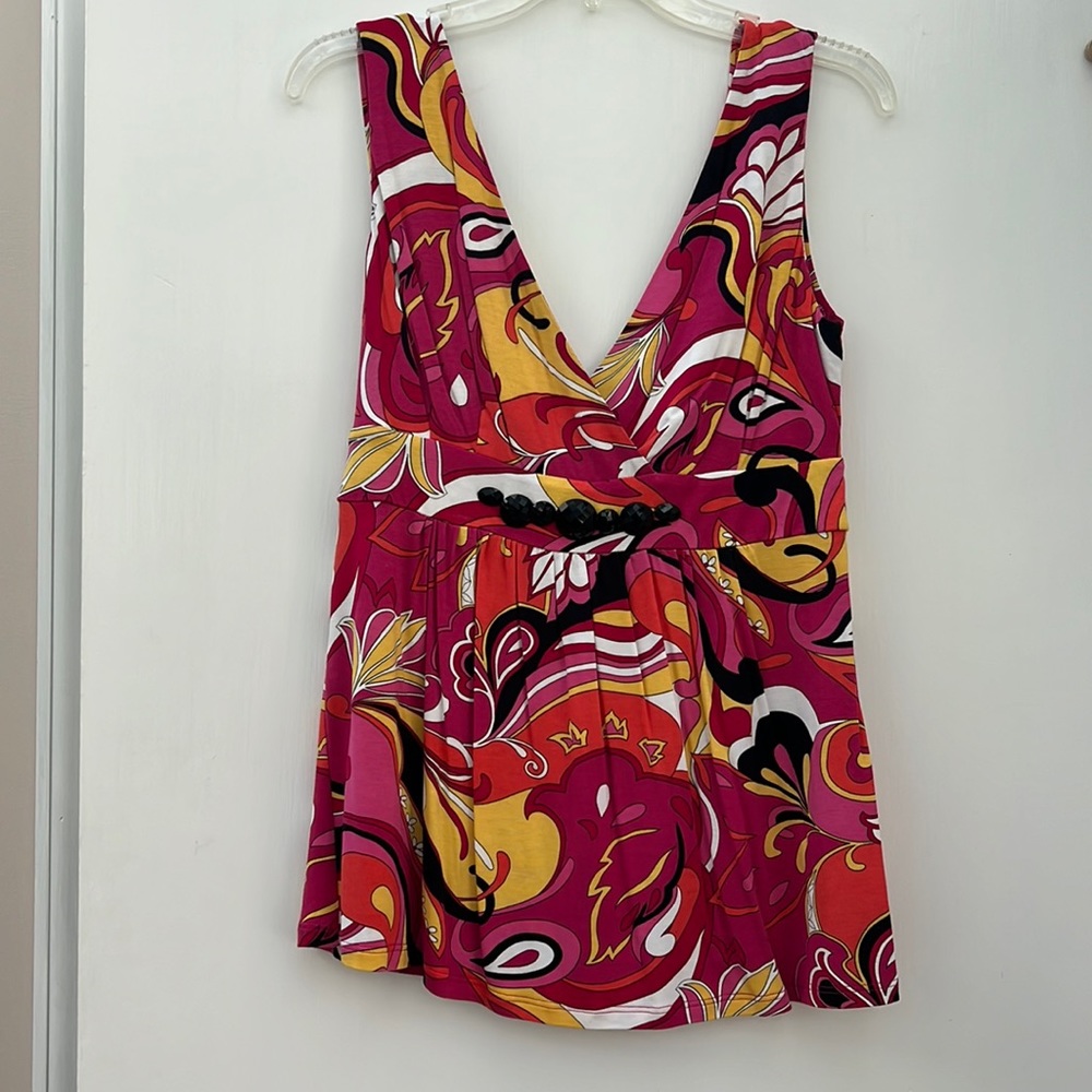 Boston Proper 60s Pink Orange Paisley Sleeveless Embellished V neck Top